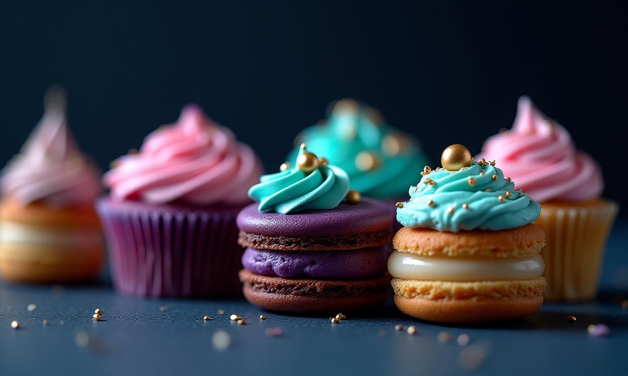 Composizione artistica di pasticcini colorati