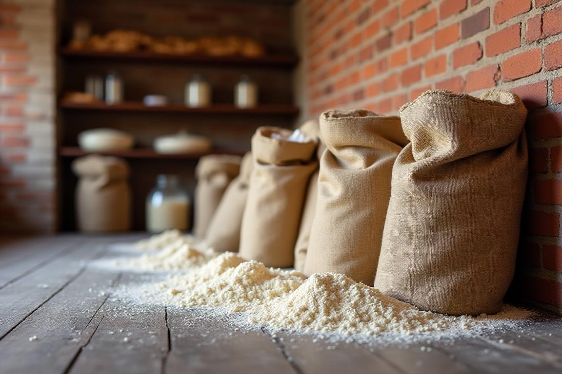 Sacchi di farina artigianale locale nel forno